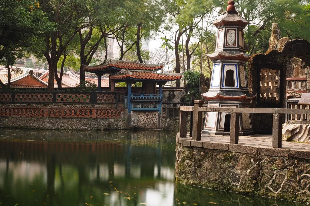Large pond surrounded by small pavilions in the Lin Family Garden and Mansion
